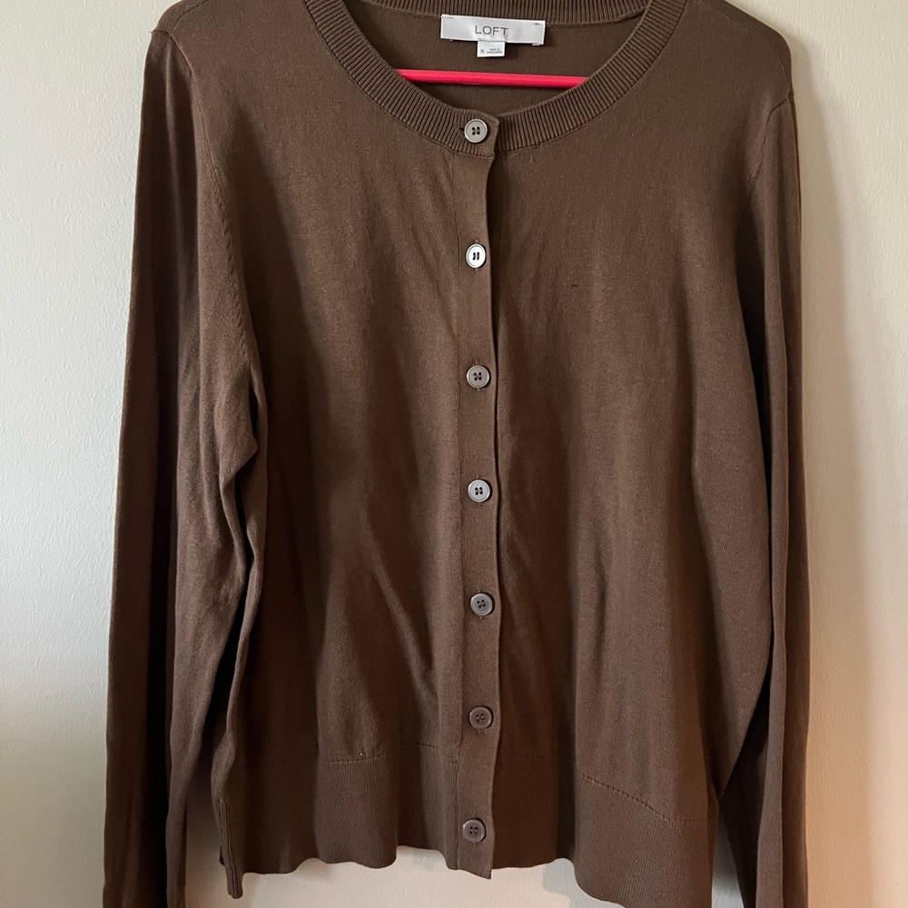 LOFT Brown Crewneck Button-Front Cardigan